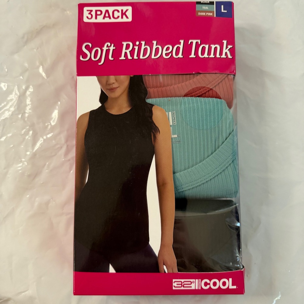 32 Degrees Cool Womens 3 Pack Soft Ribbed Tank Tops Black Teal Dark Pink Large